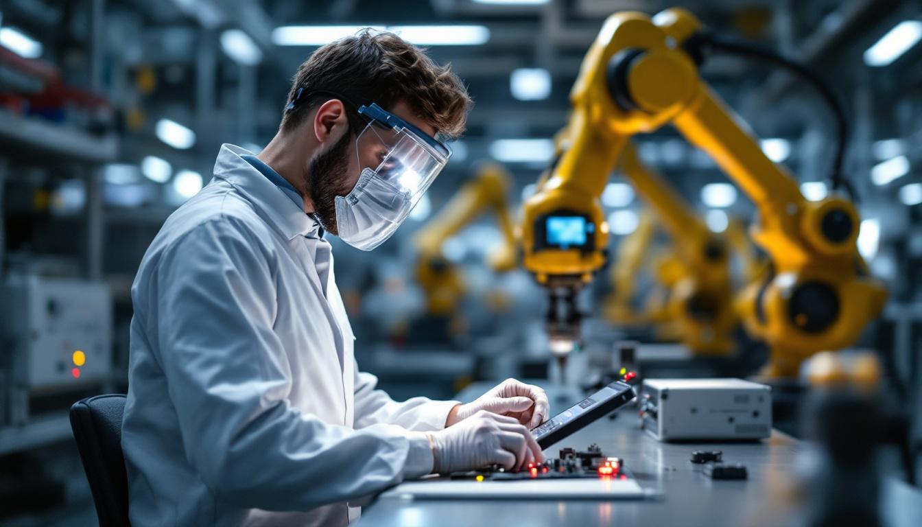 A photograph of a skilled biomedical electronics technician working on advanced medical equipment in a high-tech laboratory setting