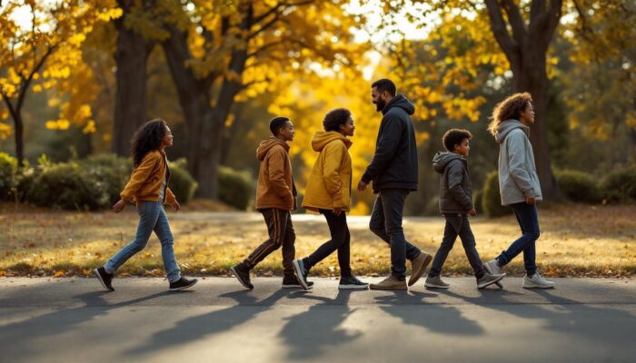 A photograph of a diverse group of individuals of varying heights walking side by side in a natural outdoor setting