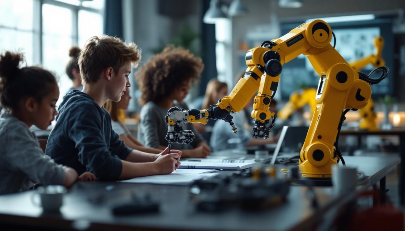 A photograph of a dynamic classroom setting in billerica where students are engaged in hands-on learning with industrial robots