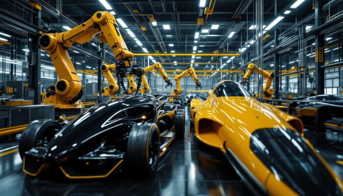 A photograph of a dynamic industrial setting where advanced robotic arms are working alongside aerodynamic models
