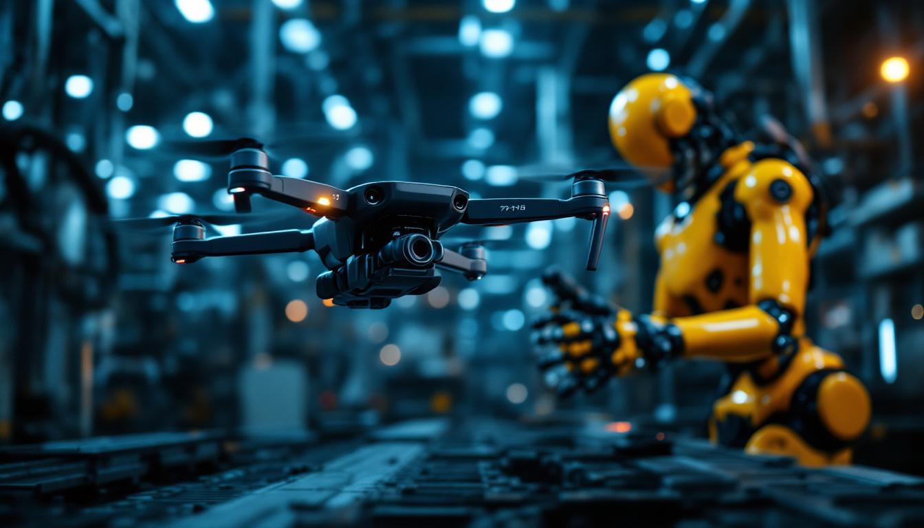 A photograph of a drone in action alongside an industrial robot
