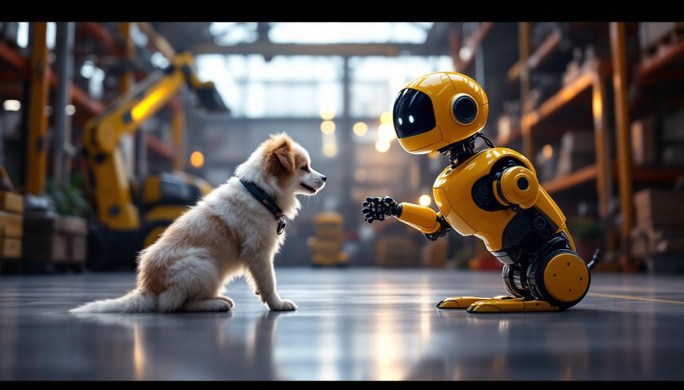 A photograph of a playful scene featuring a dog interacting with a friendly robot in a vibrant