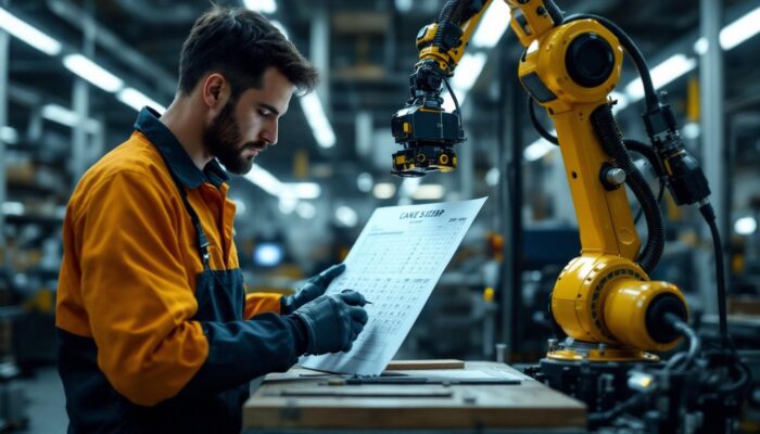 A photograph of a skilled technician using a cane sizing chart alongside an industrial robot in a well-lit workshop