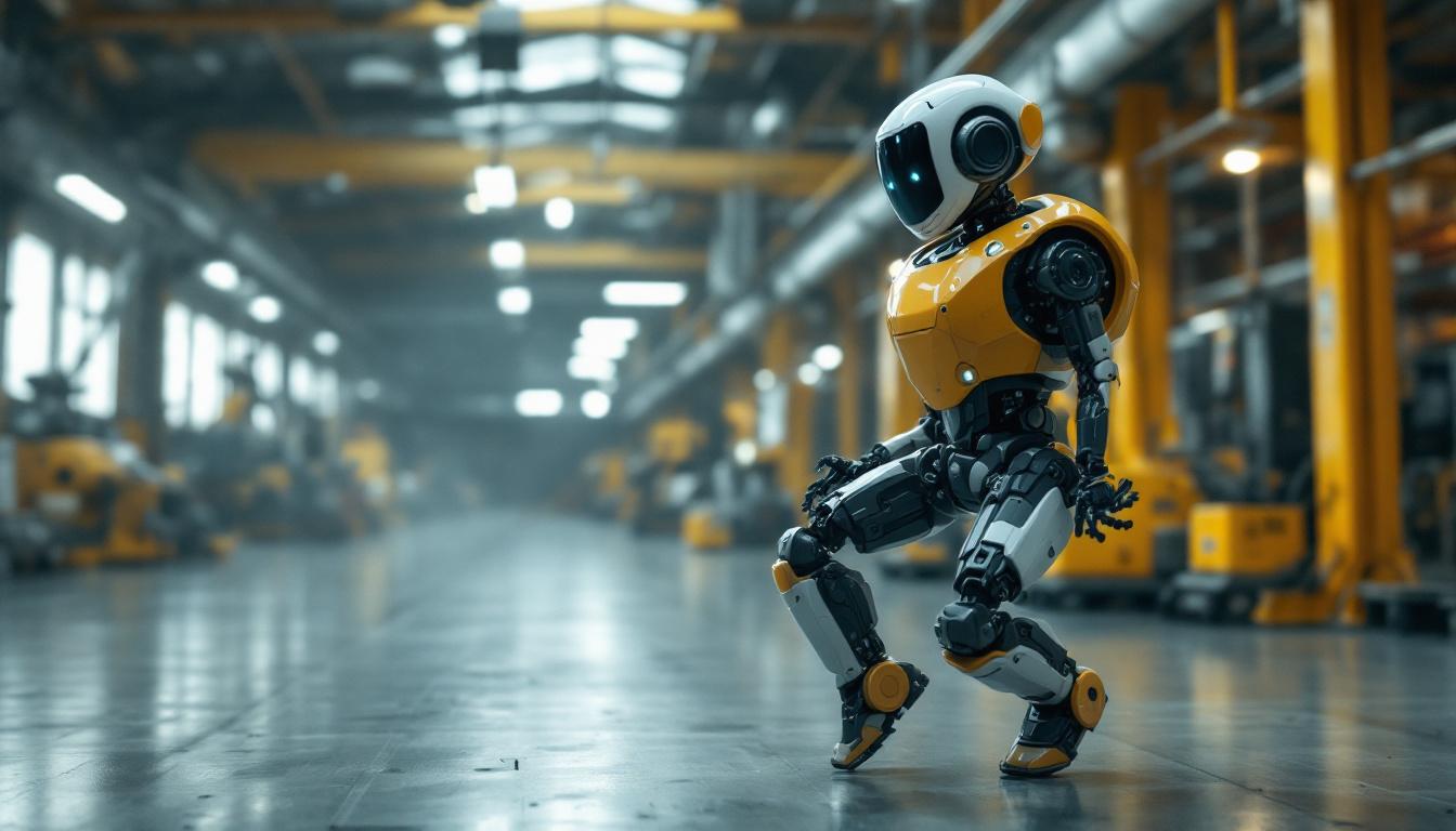 A photograph of a dynamic scene featuring a dancing robot in motion