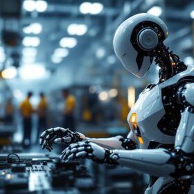 A photograph of a sleek industrial robot in action within a modern manufacturing environment