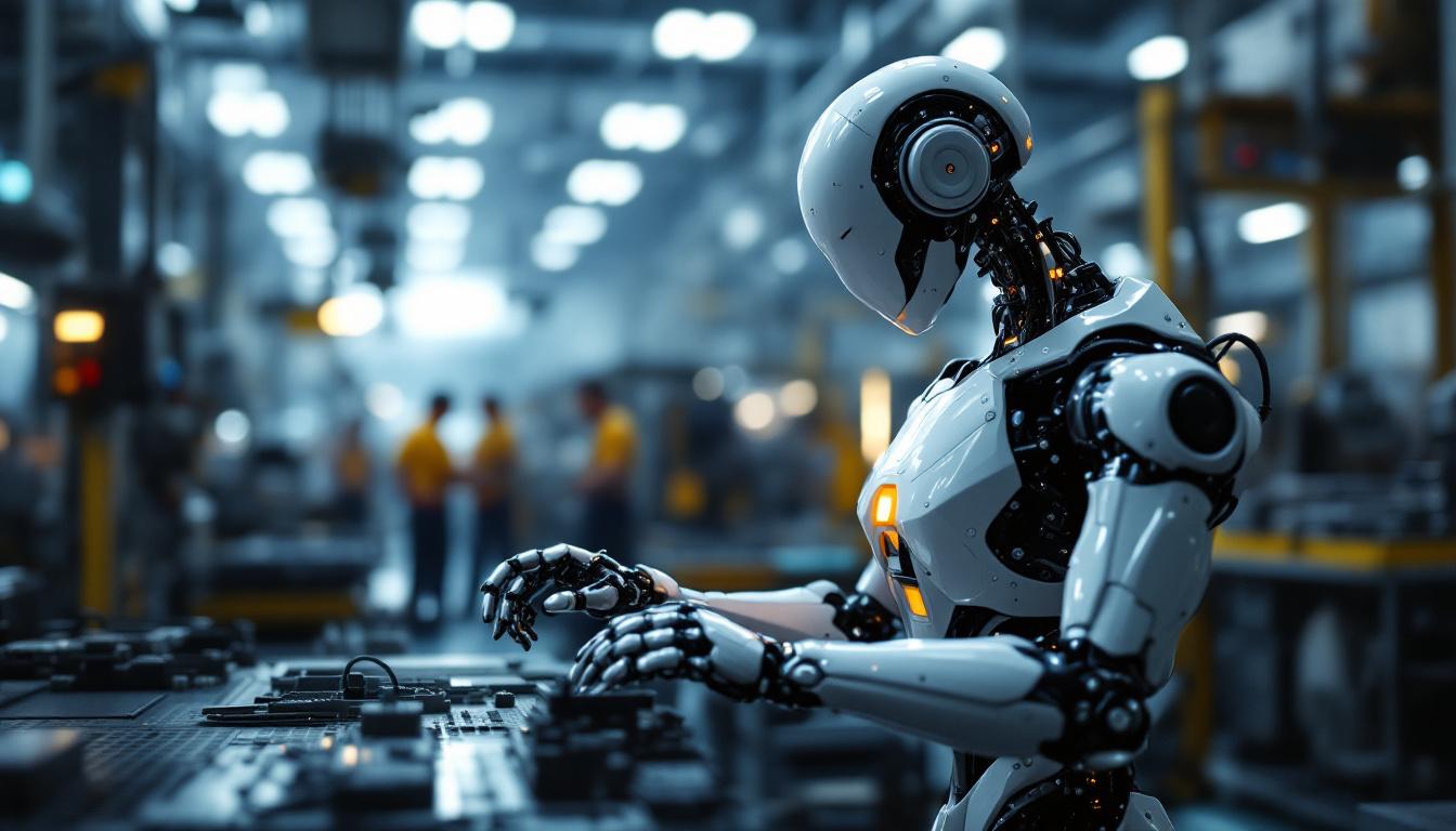 A photograph of a sleek industrial robot in action within a modern manufacturing environment