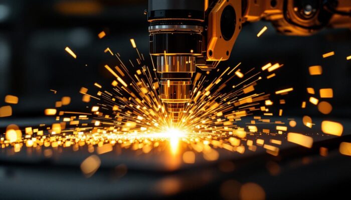 A photograph of a sleek industrial robotic arm in action