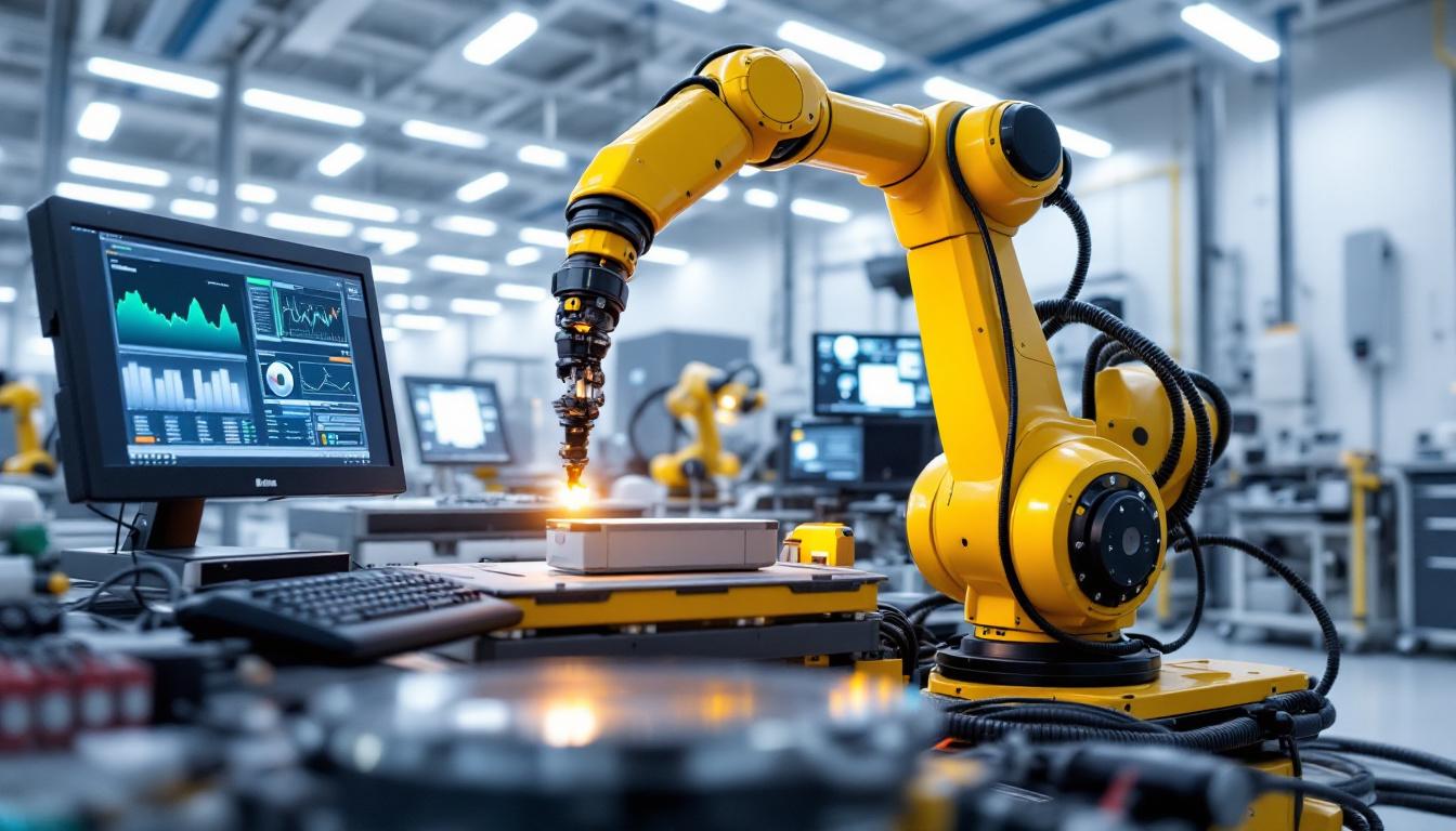 A photograph of capture a photograph of a high-tech industrial robotic arm in action at a zurich diagnostics facility