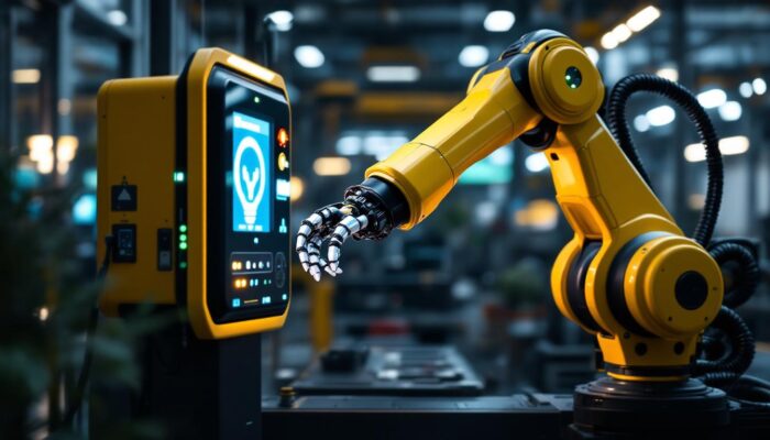 A photograph of a sleek and modern industrial robotic arm in action