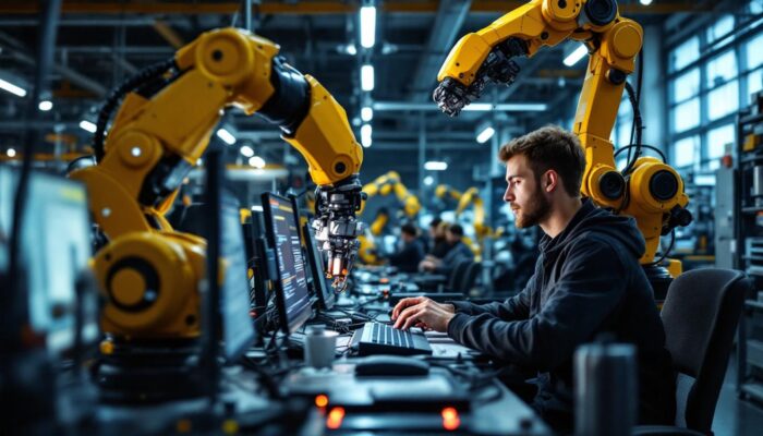 A photograph of a dynamic scene featuring a boston university computer science lab where students are actively engaged in programming and testing industrial robots