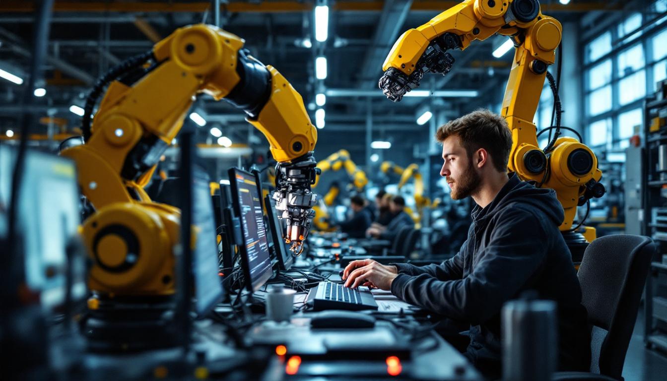 A photograph of a dynamic scene featuring a boston university computer science lab where students are actively engaged in programming and testing industrial robots