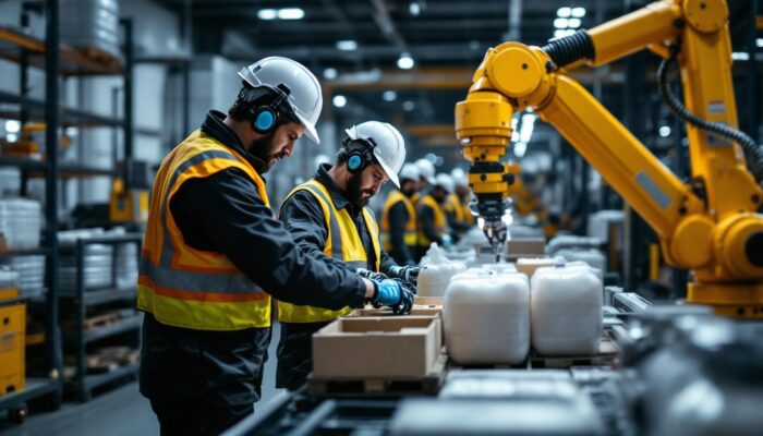 A photograph of capture a photograph of a busy industrial setting where workers are safely handling dangerous goods
