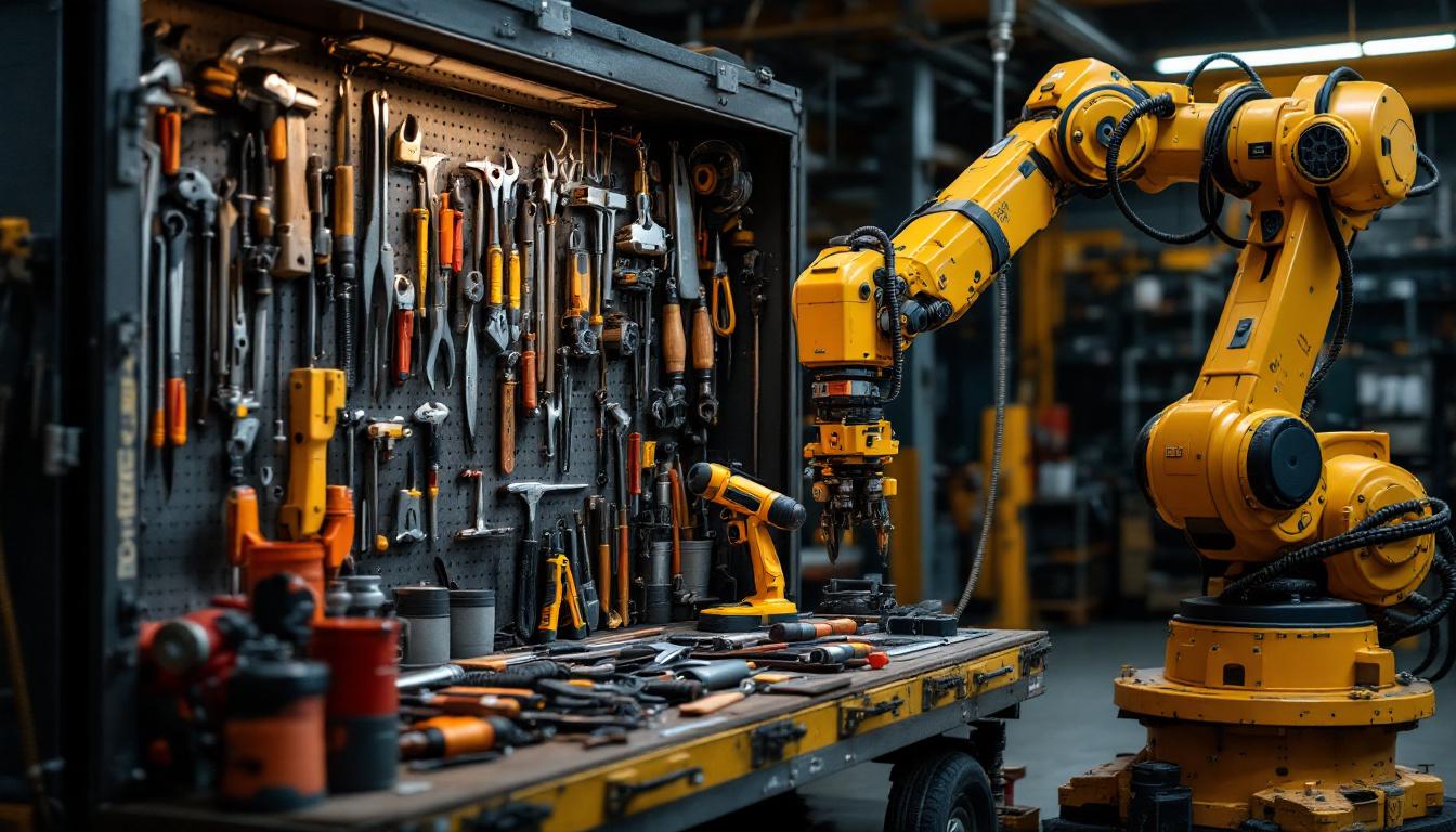 A photograph of a well-organized small tool trailer filled with various hand tools and equipment