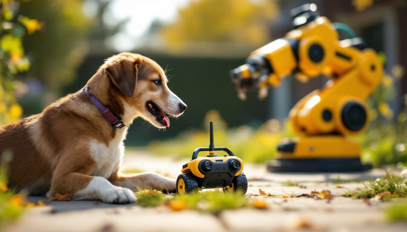 A photograph of a playful dog interacting with a remote control toy in a vibrant outdoor setting
