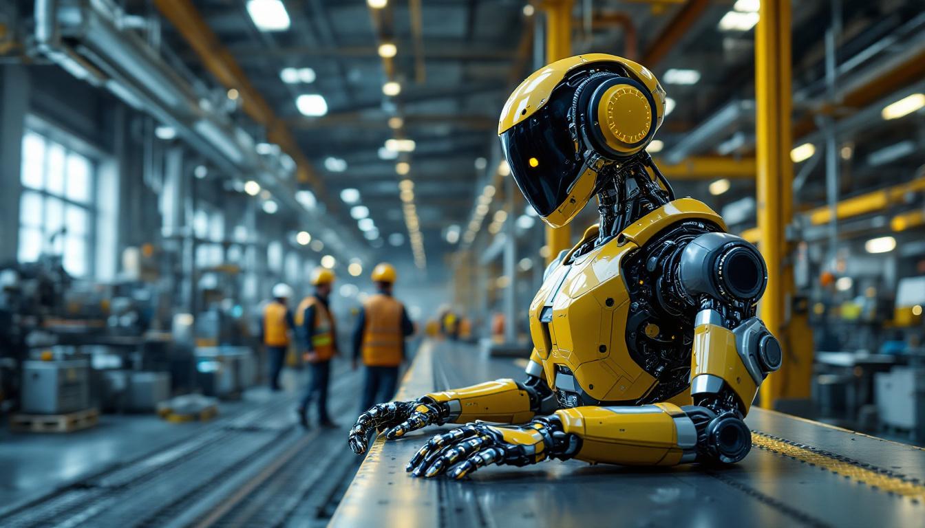 A photograph of a futuristic industrial setting showcasing advanced robots in action
