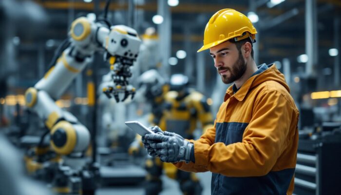 A photograph of a young industrial engineer in a modern manufacturing facility