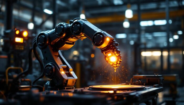 A photograph of a sleek industrial robotic arm in action