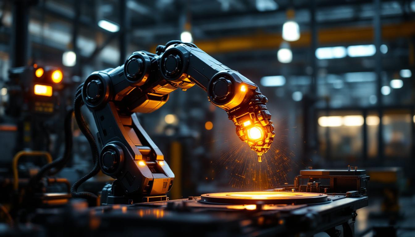 A photograph of a sleek industrial robotic arm in action