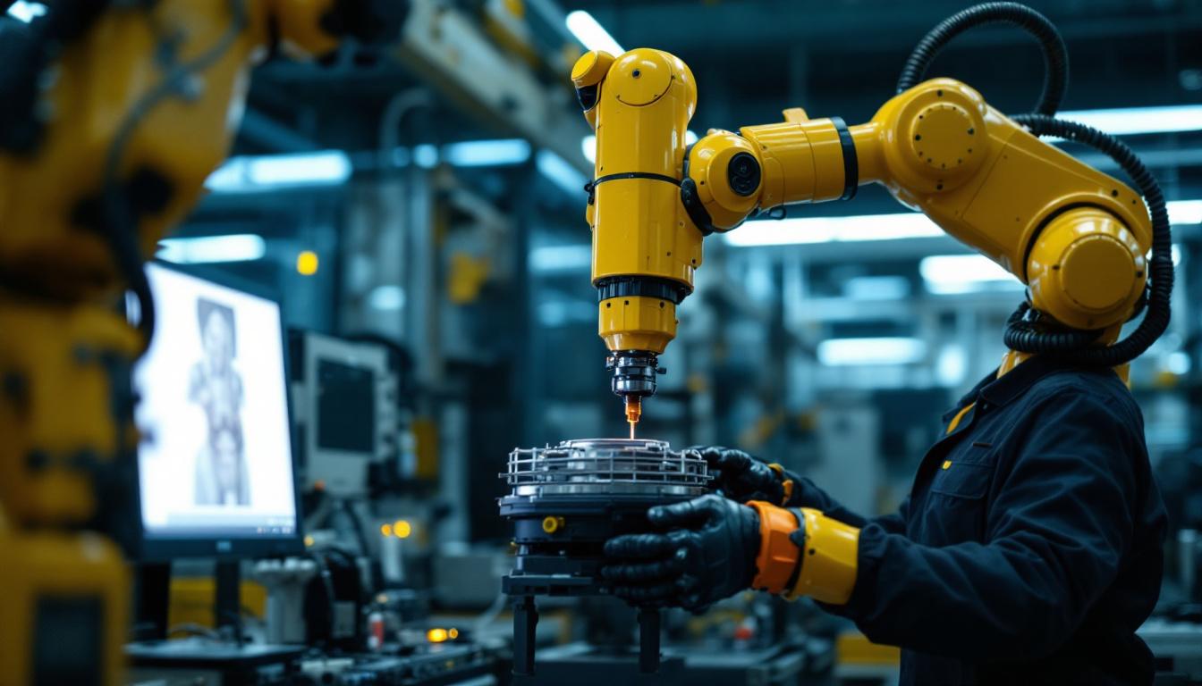 A photograph of capture a photograph of a skilled technician operating an industrial robotic arm in a high-tech environment