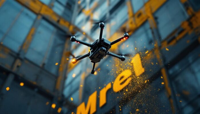 A photograph of a drone in action as it cleans the exterior of a tall industrial building
