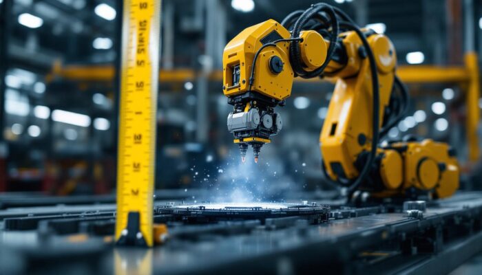 A photograph of a dynamic industrial robot in action