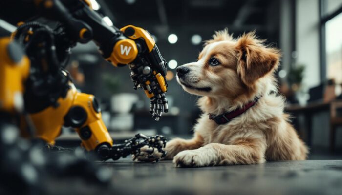 A photograph of a playful dog with a name starting with 'w' interacting with a sleek industrial robot in a modern workspace