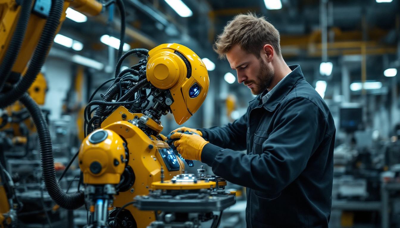 A photograph of a skilled technician performing routine maintenance on an industrial robot in a modern manufacturing setting