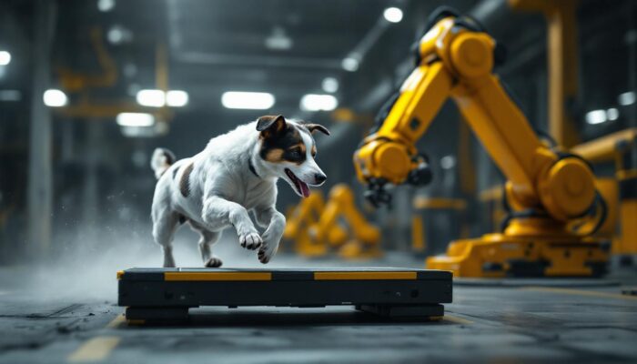 A photograph of a dynamic scene featuring a dog navigating an obstacle course alongside an industrial robotic arm