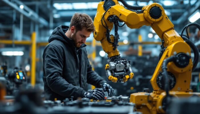 A photograph of a mechanical engineering student working hands-on with an industrial robot in a modern lab setting