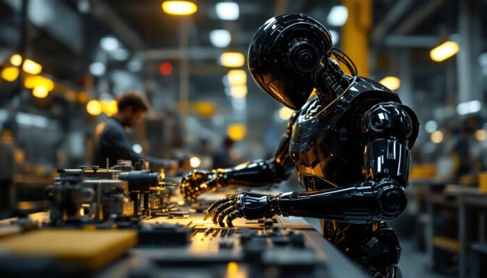 A photograph of a sleek industrial robot in action within a modern manufacturing environment