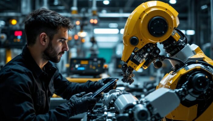 A photograph of a skilled technician conducting bdi testing on an industrial robot
