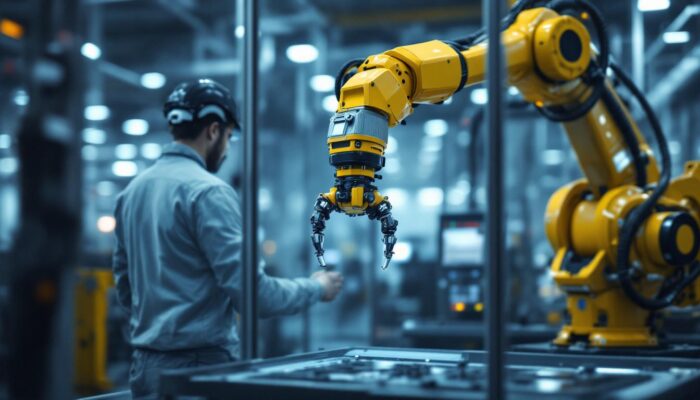 A photograph of a skilled technician operating a remote-controlled industrial robotic arm in a modern factory setting