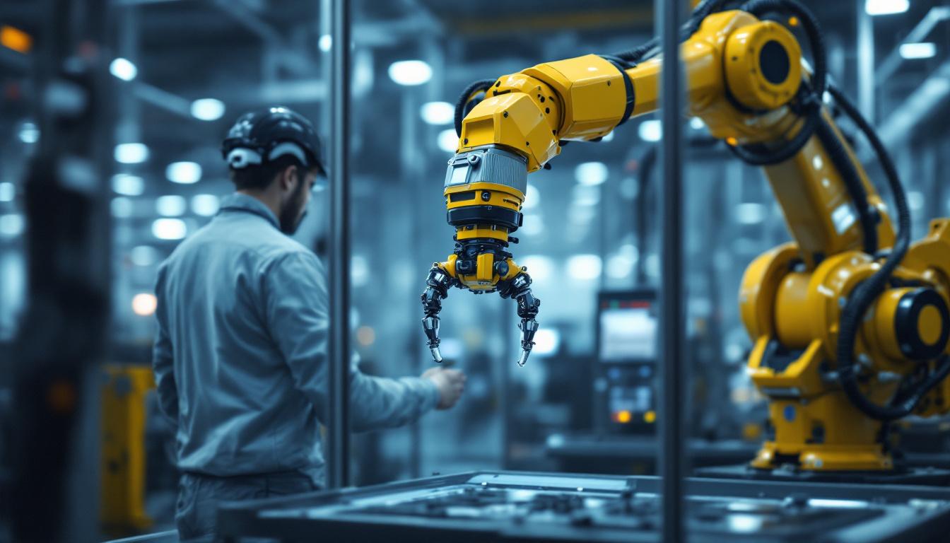 A photograph of a skilled technician operating a remote-controlled industrial robotic arm in a modern factory setting