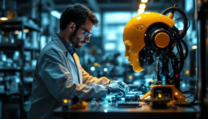 A photograph of a biomedical engineer working alongside industrial robots in a modern laboratory setting