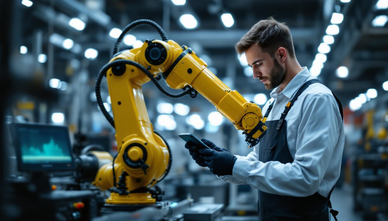 A photograph of a skilled technician analyzing a sophisticated industrial robotic arm in a modern manufacturing setting