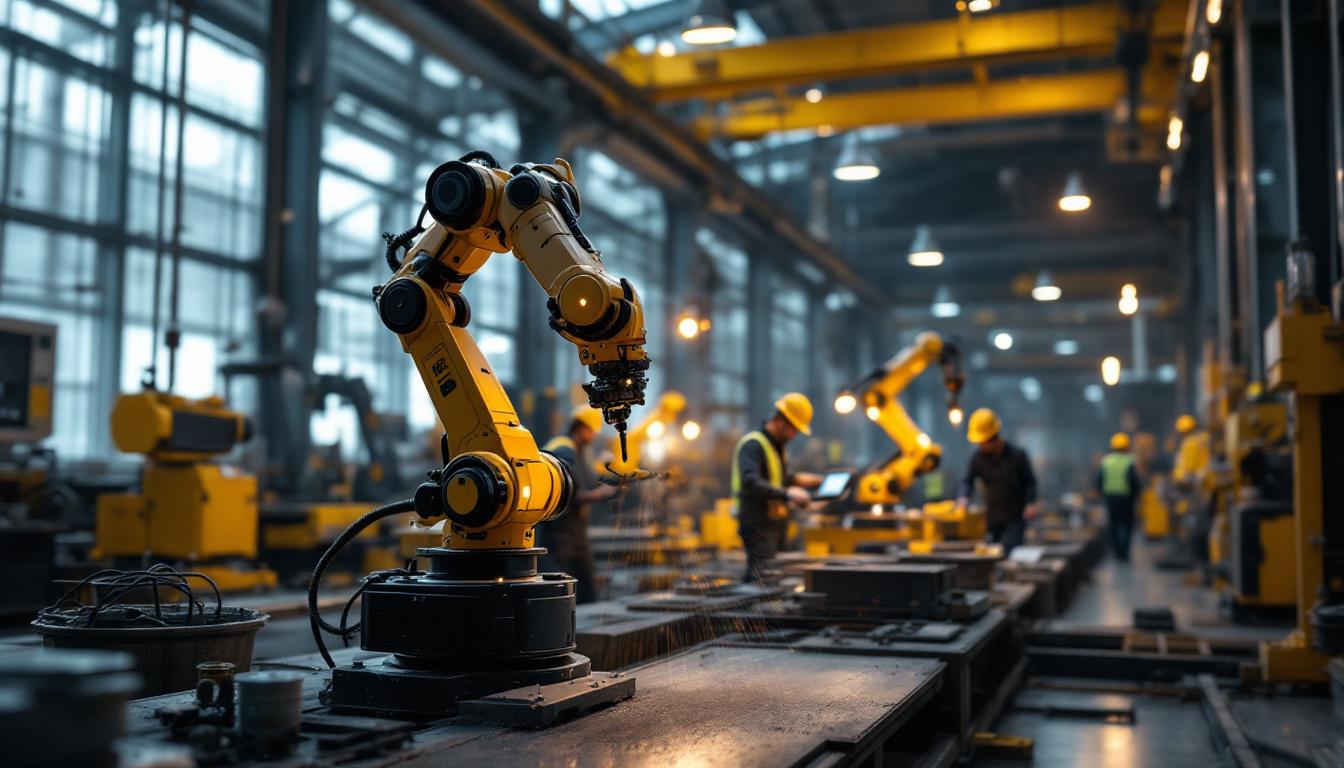 A photograph of a dynamic industrial setting showcasing an on-the-spot utility robot in action