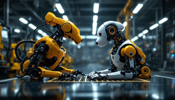 A photograph of a dynamic scene featuring a robotic dog interacting with industrial robots in a modern workspace
