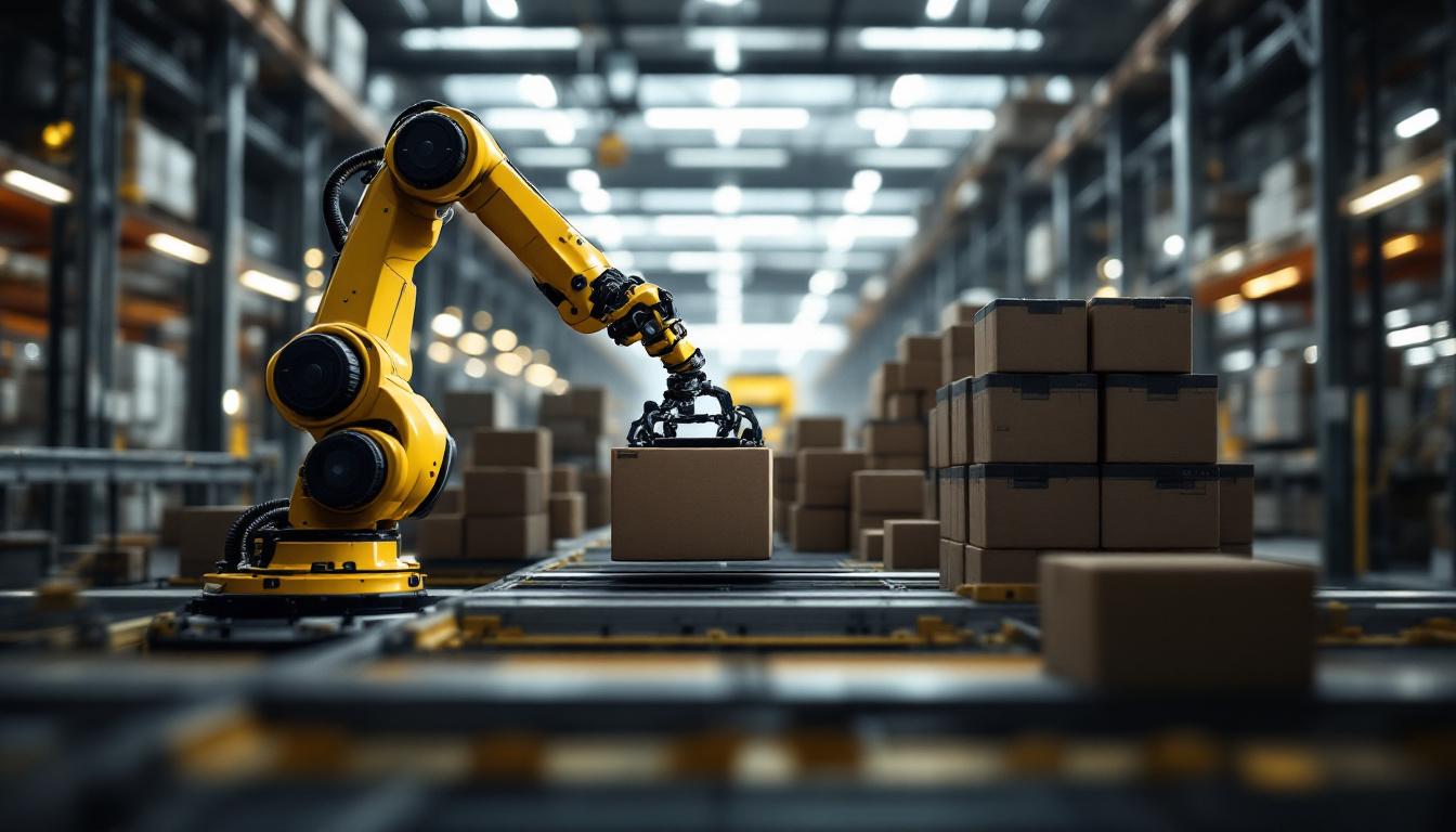 A photograph of a dynamic industrial setting showcasing a robotic arm efficiently handling battery shipments