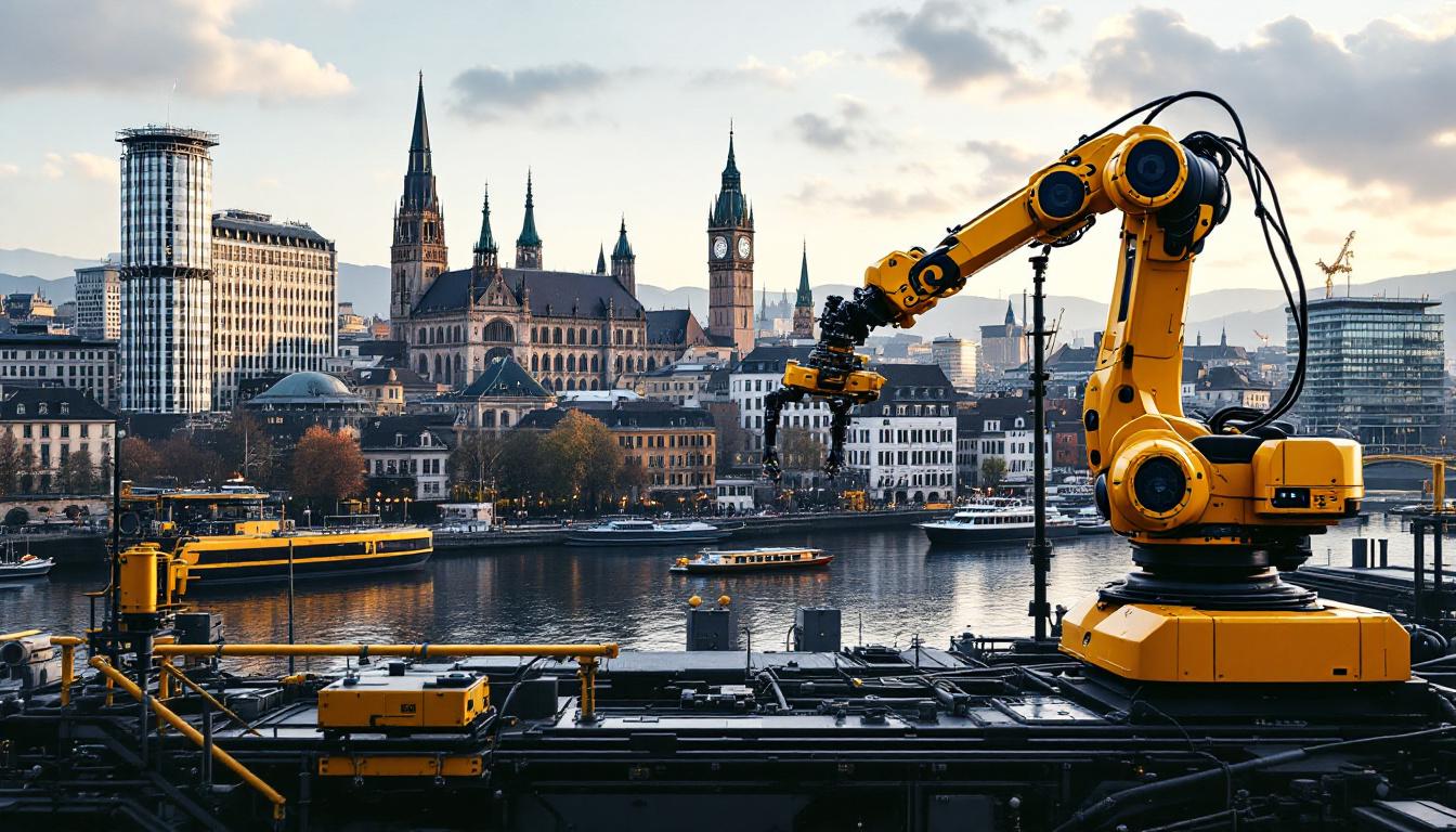 A photograph of a vibrant zurich cityscape featuring iconic landmarks alongside a dynamic industrial robotics setup