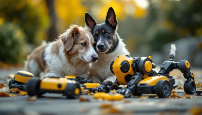 A photograph of a playful dog engaging with a variety of motorized and industrial robotic dog toys in an outdoor setting