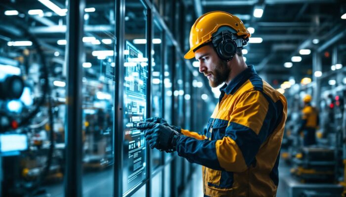 A photograph of a technician interacting with an industrial robot in a modern manufacturing facility