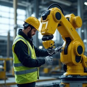A photograph of a skilled operator interacting with a sophisticated industrial robot on a construction site