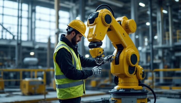 A photograph of a skilled operator interacting with a sophisticated industrial robot on a construction site