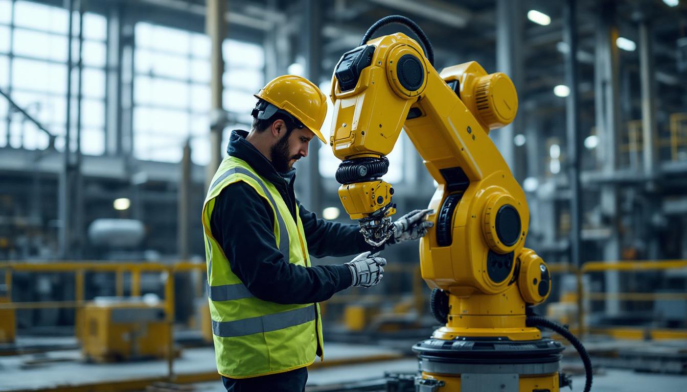 A photograph of a skilled operator interacting with a sophisticated industrial robot on a construction site