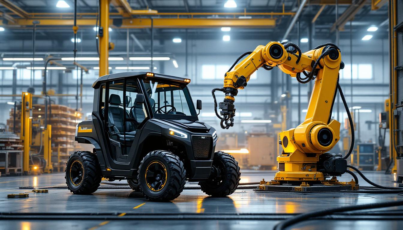 A photograph of a dynamic industrial setting featuring a wildcat electric vehicle alongside a robotic arm in action