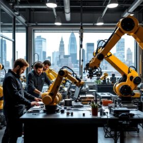 A photograph of a dynamic industrial robotics workspace in boston