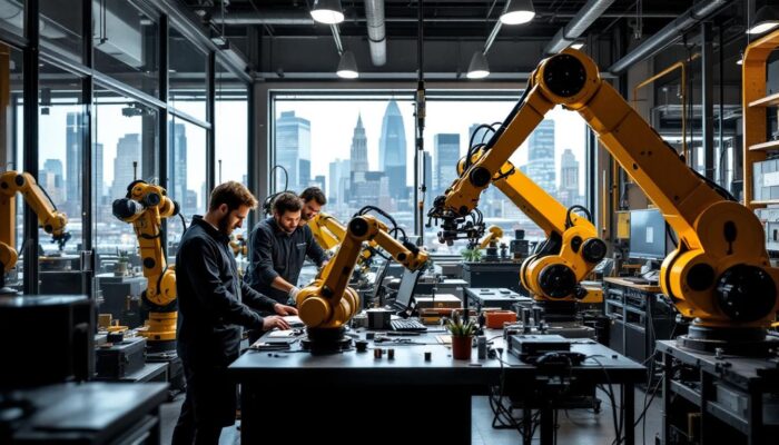A photograph of a dynamic industrial robotics workspace in boston