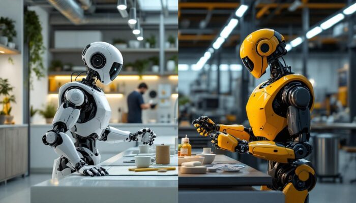 A photograph of a modern household robot efficiently performing chores in a clean and organized home environment