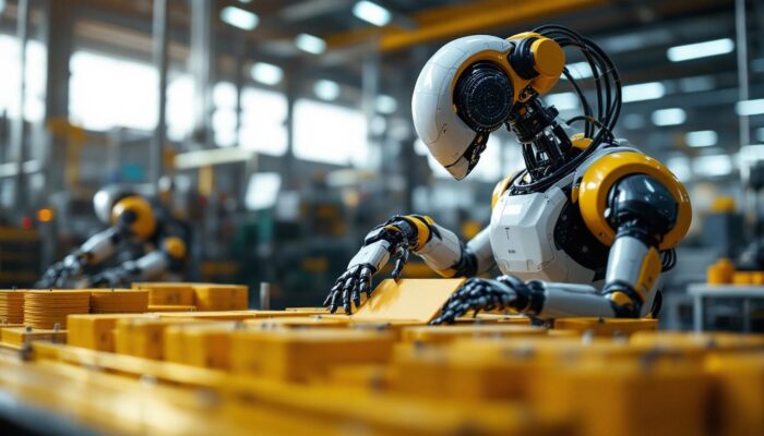 A photograph of a dynamic industrial robot in action within a manufacturing setting