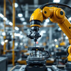 A photograph of a sleek industrial robotic arm in action within a modern manufacturing environment